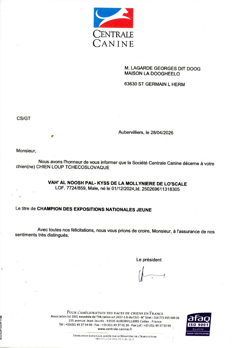 Homologation du Titre de Champion des Expositions Nationales Jeune